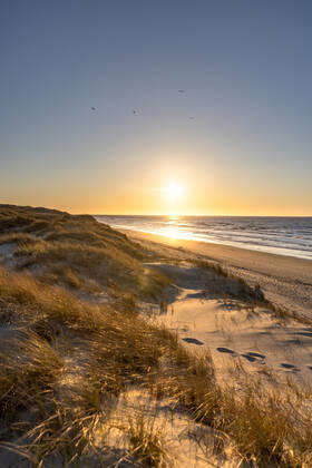 Norderney. 25 APR 2021. Sonnenuntergang in den Dünen am Strandbad Weiße Düne auf Norderney. Ruhiger Frühlingsabend an der Nordsee. OSTFRIESLAND. Ostfriesische Inseln. Copyright: JanisMEYER Priller&MAUG JMY7F2543X