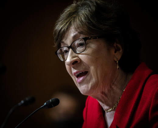 .Sen. Susan Collins(R-ME) asks a question to U.S. Trade Representative Katherine Tai before the Senate Appropriations Subcommittee on Commerce, Justice, Science, and Related Agencies during a hearing on the proposed budget for fiscal year 2022 for the Office of the U.S. Trade Representative on Capitol Hill on Wednesday, April 28, 2021 in Washington, DC. Pool  WASP20210428117 BillxO Leary