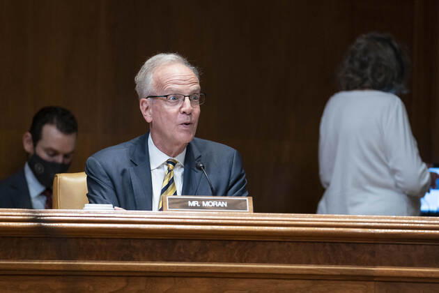 April 28, 2021, Washington, District of Columbia, USA: WASHINGTON, DC - APRIL 28: United States Senator Jerry Moran (Republican of Kansas), Ranking Member, Commerce, Justice, Science Appropriations Subcommittee, questions U.S. Trade Representative Katherine Tai as she testifies during the Senate Appropriations subcommittee hearing on the proposed budget for fiscal year 2022 for the Office of the U.S. Trade Representative on Capitol Hill on April 28, 2021 in Washington, DC Washington USA - ZUMAs152 20210428_zaa_s152_036 Copyright: xSarahxSilbigerx-xPoolxViaxCnpx