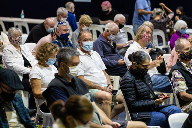WA CORONAVIRUS COVID19, Members of the public wait to be vaccinated at the Claremont Showground mass vaccination centre in Perth, Monday, May 2, 2021. From today over-50s are eligible for the Covid-19 immunisation program at two mass public vaccination clinics in Perth. ( NO ARCHIVING, EDITORIAL USE ONLY, NO USE IN BOOKS WITHOUT CONSENT PERTH WA AUSTRALIA  Copyright: xRICHARDxWAINWRIGHTx 20210503001539409616