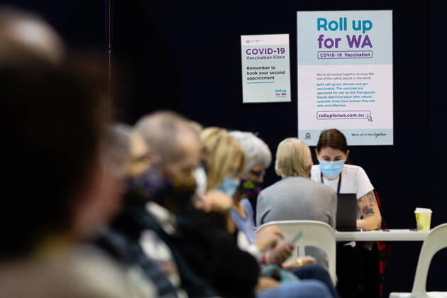 WA CORONAVIRUS COVID19, Members of the public wait to be vaccinated at the Claremont Showground mass vaccination centre in Perth, Monday, May 2, 2021. From today over-50s are eligible for the Covid-19 immunisation program at two mass public vaccination clinics in Perth. ( NO ARCHIVING, EDITORIAL USE ONLY, NO USE IN BOOKS WITHOUT CONSENT PERTH WA AUSTRALIA  Copyright: xRICHARDxWAINWRIGHTx 20210503001539409637