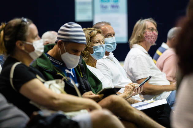 WA CORONAVIRUS COVID19, Members of the public wait to be vaccinated at the Claremont Showground mass vaccination centre in Perth, Monday, May 2, 2021. From today over-50s are eligible for the Covid-19 immunisation program at two mass public vaccination clinics in Perth. ( NO ARCHIVING, EDITORIAL USE ONLY, NO USE IN BOOKS WITHOUT CONSENT PERTH WA AUSTRALIA  Copyright: xRICHARDxWAINWRIGHTx 20210503001539409679
