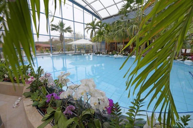 18.05.2021, Bad Wörishofen, 300 Tage im Corona-Lockdown, die Therme in Bad Wörishofen nutzt die Zeit ohne Gäste um umfangreiche Renovierungen und Neubauten zu realisieren. Geschäftsführer Jörg Wund hofft auf bald sinkende Infektionszahlen um Aussicht auf Wiedereröffnung zu haben. Die Therme musste bisher einen Umsatzrückgang von 12 Millionen Euro verkraften. Hier der Saunabereich mit den Palmen und Orchideen am Beckenrand. 18.05.2021, Bad Wörishofen Therme 300 Tage im Lockdown 18.05.2021, Bad Wörishofen Therme 300 Tage im Lockdown