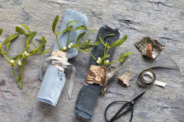 IMAGO Creative: Weihnachten, DIY, Geschenke verpacken - Nachhaltigkeit Laubholz-Mistel, Laubholzmistel (Viscum album subsp. album, Viscum album), Servietten-Ringe mit Mistel und Rinde dekoriert mistletoe (Viscum album subsp. album, Viscum album), napkin rings decorated with mistletoe and bark BLWS644209