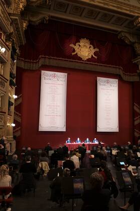 Milan, Italy Teatro alla Scala presentation of the new show season 2021-2022 with the participation of Dominique Meyer superintendent of La Scala, Giuseppe Sala mayor of Milan, Riccardo Chailly conductor, Manuel Legris dancer In the photo: La Scala Teatro during the presentation new season shows  Copyright: xNickxZonnax xIPAx xNickxZonnax
