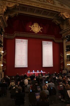 Milan, Italy Teatro alla Scala presentation of the new show season 2021-2022 with the participation of Dominique Meyer superintendent of La Scala, Giuseppe Sala mayor of Milan, Riccardo Chailly conductor, Manuel Legris dancer In the photo: La Scala Teatro during the presentation new season shows  Copyright: xNickxZonnax xIPAx xNickxZonnax