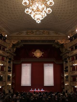 Milan, Italy Teatro alla Scala presentation of the new show season 2021-2022 with the participation of Dominique Meyer superintendent of La Scala, Giuseppe Sala mayor of Milan, Riccardo Chailly conductor, Manuel Legris dancer In the photo: La Scala Teatro during the presentation new season shows  Copyright: xNickxZonnax xIPAx xNickxZonnax