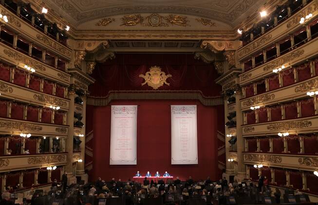 Milan, Italy Teatro alla Scala presentation of the new show season 2021-2022 with the participation of Dominique Meyer superintendent of La Scala, Giuseppe Sala mayor of Milan, Riccardo Chailly conductor, Manuel Legris dancer In the photo: La Scala Teatro during the presentation new season shows  Copyright: xNickxZonnax xIPAx xNickxZonnax