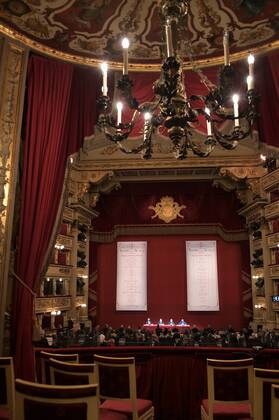 Milan, Italy Teatro alla Scala presentation of the new show season 2021-2022 with the participation of Dominique Meyer superintendent of La Scala, Giuseppe Sala mayor of Milan, Riccardo Chailly conductor, Manuel Legris dancer In the photo: La Scala Teatro during the presentation new season shows  Copyright: xNickxZonnax xIPAx xNickxZonnax