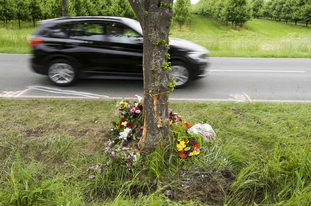 Unfallspuren und Gedenkstätte für ein Verkehrsopfer am Straßenrand Auto Autounfall tödlicher Verkehrsunfall Verkehrsunfallopfer Erinnerung Gedenken Geschwindigkeit Landstraße K14 rasen Straße Straßenverkehr Tod Trauer trauern Trauerstätte Unfall Verkehrssicherheit Verkehrstote Blumen Blumengesteck Blumenstrauß Kerzen gestorben Opfer Todesfolge tot Toter tragisch Tragödie traurig Unfallopfer Unfallort Verkehrsunfallort Unglück verunglückt Markierungen der Polizei Verkehrsunfalldienst Unfallspuren 20210607ad391 Wadersloh Nordrhein-Westfalen NRW Deutschland Germany Copyright: xAchimxDuwentästerx