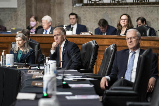 Senators Joni Ernst, R-IA, Thom Tillis, R-NC, and Kevin Cramer, R-ND, listen during a Senate Armed Services Committee hearing at the U.S. Capitol in Washington DC, on Thursday, June 10, 2021. The committee heard testimony on the Defense Department budget posture in review of the Defense Authorization Request for FY2022.  WAP20210610577 SARAHxSILBIGER