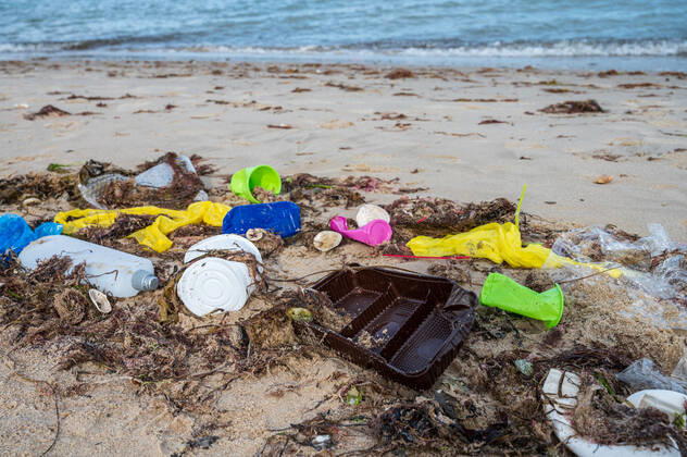 Kiel, Plastikmüll am Strand. Ab dem 3. Juli 2021 tritt die europaweite Verordnung zum Verbot von Einwegkunststoffprodukten in Kraft. Durch die neue Verordnung soll der Gebrauch von Wegwerfprodukten und die Vermüllung der Weltmeere gestoppt werden.