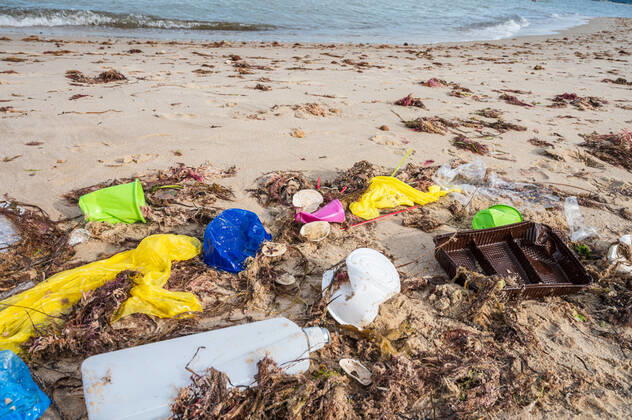 Kiel, Plastikmüll am Strand. Ab dem 3. Juli 2021 tritt die europaweite Verordnung zum Verbot von Einwegkunststoffprodukten in Kraft. Durch die neue Verordnung soll der Gebrauch von Wegwerfprodukten und die Vermüllung der Weltmeere gestoppt werden.