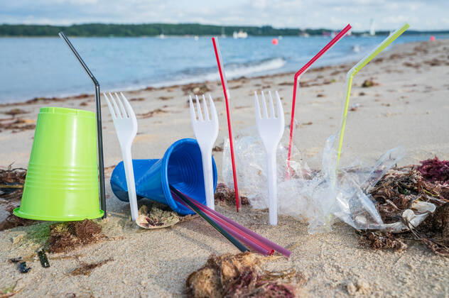 Kiel, Plastikmüll am Strand. Ab dem 3. Juli 2021 tritt die europaweite Verordnung zum Verbot von Einwegkunststoffprodukten in Kraft. Durch die neue Verordnung soll der Gebrauch von Wegwerfprodukten und die Vermüllung der Weltmeere gestoppt werden.