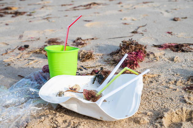 Kiel, Plastikmüll am Strand. Ab dem 3. Juli 2021 tritt die europaweite Verordnung zum Verbot von Einwegkunststoffprodukten in Kraft. Durch die neue Verordnung soll der Gebrauch von Wegwerfprodukten und die Vermüllung der Weltmeere gestoppt werden.