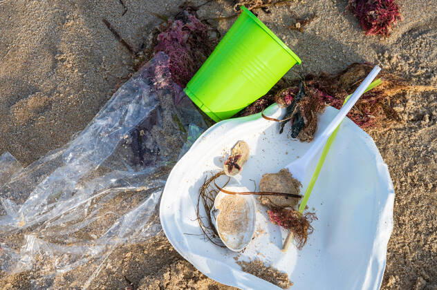 Kiel, Plastikmüll am Strand. Ab dem 3. Juli 2021 tritt die europaweite Verordnung zum Verbot von Einwegkunststoffprodukten in Kraft. Durch die neue Verordnung soll der Gebrauch von Wegwerfprodukten und die Vermüllung der Weltmeere gestoppt werden.