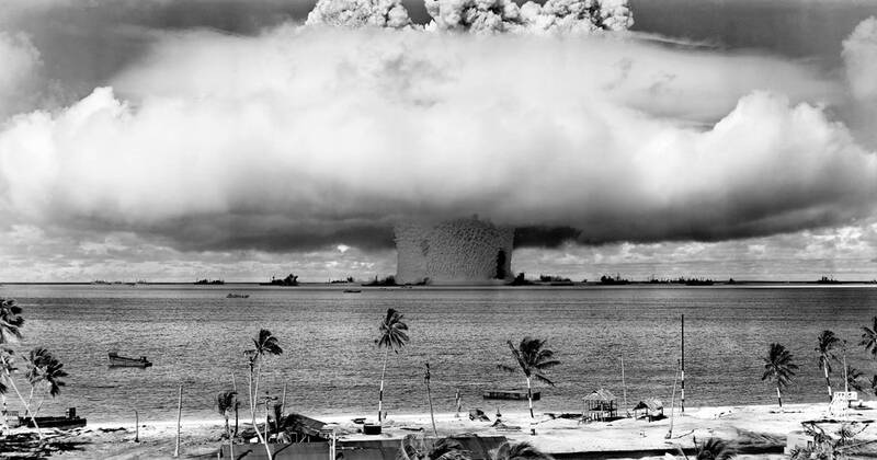 Operation Crossroads was a pair of nuclear weapon tests conducted by the United States at Bikini Atoll in mid-1946. They were the first nuclear weapon tests since Trinity in July 1945, and the first detonations of nuclear devices since the atomic bombing of Nagasaki on August 9, 1945.<br ><br > The purpose of the tests was to investigate the effect of nuclear weapons on warships. USA Marshall Islands: Mushroom-shaped cloud and water column from the underwater Baker nuclear explosion of July 25, 1946. Photo taken from a tower on Bikini Island, 3.5 miles (5.6 km) distant xSupplier:xCPAxMediaxCo.xLtd.x Copyright: xx