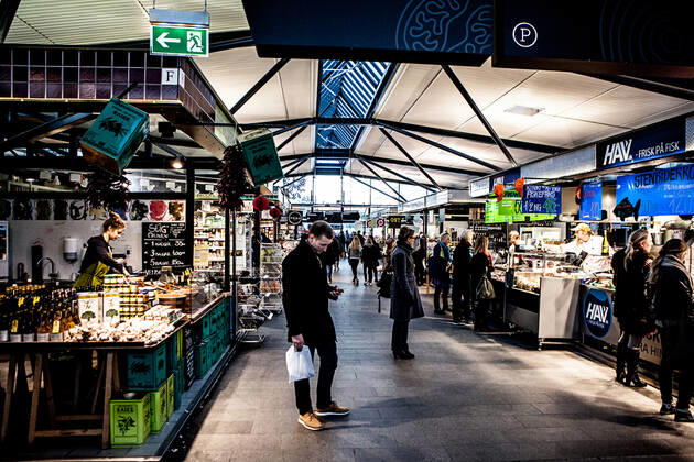 Torvehallerne, Copenhagen, Denmark Torvehallerne is the biggest food market located in central Copenhagen. You find more than 60 stands that sell fresh meat, fish and vegetables as you find small places where you can have a quick bite. Copenhagen Denmark Copyright: xGonzalesxPhoto JonasxKjaerx