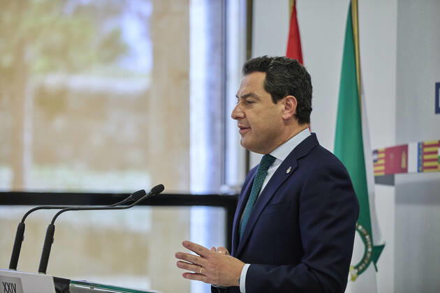 The President of the Junta de Andalucia, Juanma Moreno, gives a conference in the Aulario del Convento de San Esteban after the celebration of the XXIV Conference of Presidents, on 30 July 2021, in Salamanca, Castilla y Leon (Spain). The three main topics discussed at this extraordinary meeting, the highest political body for multilateral coordination, were the current situation of the COVID-19 pandemic, economic recovery, the distribution of European funds and the demographic challenge. The 24th Conference of Presidents has been marked mainly by the Catalan President s approach to this meeting and by the complaints of some Autonomous Communities, mainly from the PP, about the format of this meeting, criticising the fact that the head of Copyright: xJesusxHellinx 3862243