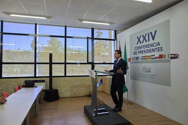 The President of the Junta de Andalucia, Juanma Moreno, gives a conference in the Aulario del Convento de San Esteban after the celebration of the XXIV Conference of Presidents, on 30 July 2021, in Salamanca, Castilla y Leon (Spain). The three main topics discussed at this extraordinary meeting, the highest political body for multilateral coordination, were the current situation of the COVID-19 pandemic, economic recovery, the distribution of European funds and the demographic challenge. The 24th Conference of Presidents has been marked mainly by the Catalan President s approach to this meeting and by the complaints of some Autonomous Communities, mainly from the PP, about the format of this meeting, criticising the fact that the head of Copyright: xJesusxHellinx 3862241