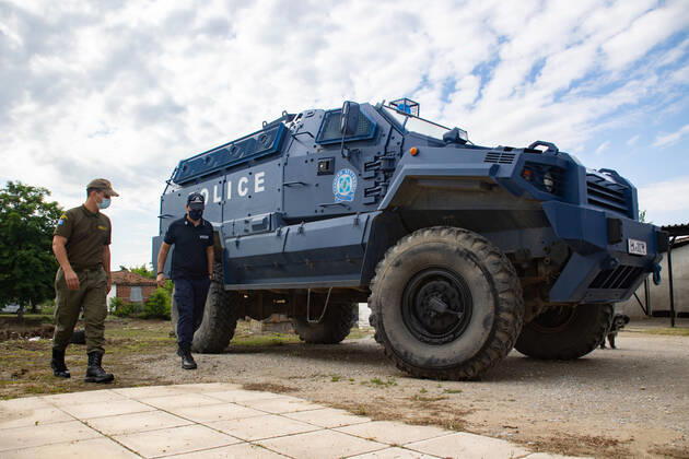 Greece Strengthens Its Border Protection MRAP Typhoon GSS-300 vehicle operating for the border protection of the Hellenic Police in Nea Vyssa. Greece strengthens its surveillance capabilities to fight the increased refugee and migrants flows from Turkey. The border protection at Greek Turkish borders in Evros region is reinforced, supported by the EU, with more Frontex personnel and vehicles, more Greek border police officers, drones, building a new fence and wall, watchtowers with thermal remote cameras and radar on the tower, new combat vehicles and control rooms. On 20 August 2021 Greek ministers visited Evros to inspect the process of the steel fence works and the border surveillance systems against the new expected migrant crossing as Copyright: xNicolasxEconomoux