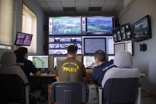 Greece Strengthens Its Border Protection The control room of the new camera systems in Nea Vyssa. Greece strengthens its surveillance capabilities to fight the increased refugee and migrants flows from Turkey. The border protection at Greek Turkish borders in Evros region is reinforced, supported by the EU, with more Frontex personnel and vehicles, more Greek border police officers, drones, building a new fence and wall, watchtowers with thermal remote cameras and radar on the tower, new combat vehicles and control rooms. On 20 August 2021 Greek ministers visited Evros to inspect the process of the steel fence works and the border surveillance systems against the new expected migrant crossing as EU is expecting a new asylum seeker wave from Copyright: xNicolasxEconomoux