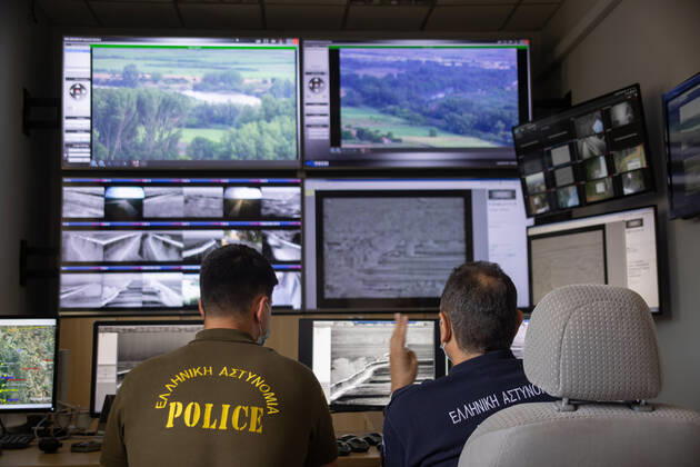 Greece Strengthens Its Border Protection The control room of the new camera systems in Nea Vyssa. Greece strengthens its surveillance capabilities to fight the increased refugee and migrants flows from Turkey. The border protection at Greek Turkish borders in Evros region is reinforced, supported by the EU, with more Frontex personnel and vehicles, more Greek border police officers, drones, building a new fence and wall, watchtowers with thermal remote cameras and radar on the tower, new combat vehicles and control rooms. On 20 August 2021 Greek ministers visited Evros to inspect the process of the steel fence works and the border surveillance systems against the new expected migrant crossing as EU is expecting a new asylum seeker wave from Copyright: xNicolasxEconomoux