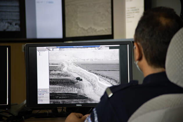 Greece Strengthens Its Border Protection The control room of the new camera systems in Nea Vyssa. Greece strengthens its surveillance capabilities to fight the increased refugee and migrants flows from Turkey. The border protection at Greek Turkish borders in Evros region is reinforced, supported by the EU, with more Frontex personnel and vehicles, more Greek border police officers, drones, building a new fence and wall, watchtowers with thermal remote cameras and radar on the tower, new combat vehicles and control rooms. On 20 August 2021 Greek ministers visited Evros to inspect the process of the steel fence works and the border surveillance systems against the new expected migrant crossing as EU is expecting a new asylum seeker wave from Copyright: xNicolasxEconomoux