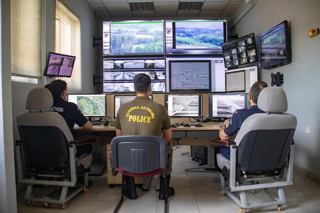Greece Strengthens Its Border Protection The control room of the new camera systems in Nea Vyssa. Greece strengthens its surveillance capabilities to fight the increased refugee and migrants flows from Turkey. The border protection at Greek Turkish borders in Evros region is reinforced, supported by the EU, with more Frontex personnel and vehicles, more Greek border police officers, drones, building a new fence and wall, watchtowers with thermal remote cameras and radar on the tower, new combat vehicles and control rooms. On 20 August 2021 Greek ministers visited Evros to inspect the process of the steel fence works and the border surveillance systems against the new expected migrant crossing as EU is expecting a new asylum seeker wave from Copyright: xNicolasxEconomoux