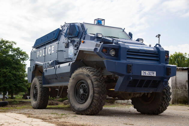 Greece Strengthens Its Border Protection MRAP Typhoon GSS-300 vehicle operating for the border protection of the Hellenic Police in Nea Vyssa. Greece strengthens its surveillance capabilities to fight the increased refugee and migrants flows from Turkey. The border protection at Greek Turkish borders in Evros region is reinforced, supported by the EU, with more Frontex personnel and vehicles, more Greek border police officers, drones, building a new fence and wall, watchtowers with thermal remote cameras and radar on the tower, new combat vehicles and control rooms. On 20 August 2021 Greek ministers visited Evros to inspect the process of the steel fence works and the border surveillance systems against the new expected migrant crossing as Copyright: xNicolasxEconomoux