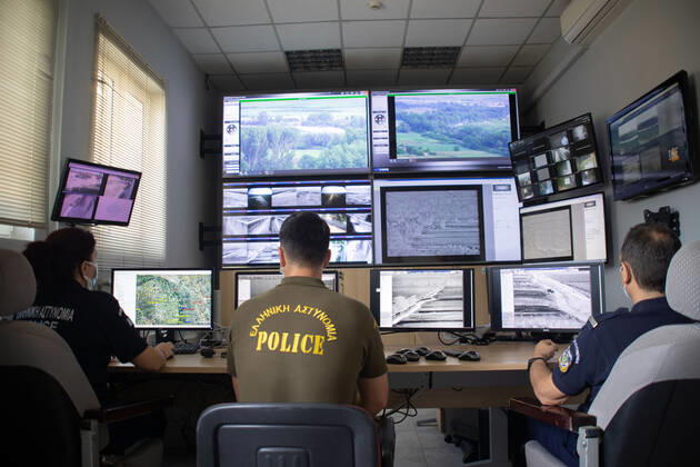 Greece Strengthens Its Border Protection The control room of the new camera systems in Nea Vyssa. Greece strengthens its surveillance capabilities to fight the increased refugee and migrants flows from Turkey. The border protection at Greek Turkish borders in Evros region is reinforced, supported by the EU, with more Frontex personnel and vehicles, more Greek border police officers, drones, building a new fence and wall, watchtowers with thermal remote cameras and radar on the tower, new combat vehicles and control rooms. On 20 August 2021 Greek ministers visited Evros to inspect the process of the steel fence works and the border surveillance systems against the new expected migrant crossing as EU is expecting a new asylum seeker wave from Copyright: xNicolasxEconomoux
