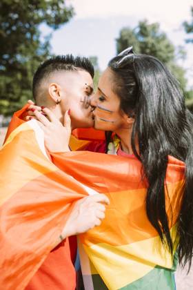 Young lesbian couple kissing in park model released Symbolfoto MEUF03638