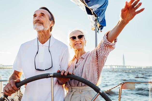 Mature couple standing at steering wheel on their yacht and enjoying vacation Mature couple standing at steering wheel on their yacht and enjoying vacation Copyright: xxArtemxVarnitsinx
