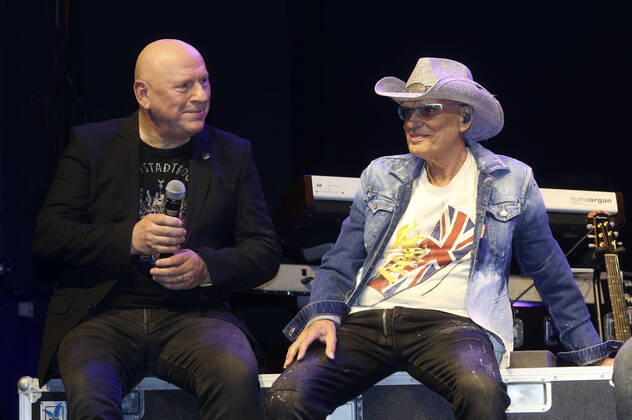 Manfred Hennig und Fritz Puppel von City beim Pressetermin anlässlich ihrer Abschiedstour 50 Jahre City - Die letzte Runde im Kesselhaus der Kulturbrauerei. Berlin, 14.09.2021