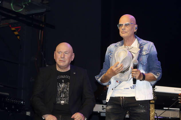 Manfred Hennig und Fritz Puppel von City beim Pressetermin anlässlich ihrer Abschiedstour 50 Jahre City - Die letzte Runde im Kesselhaus der Kulturbrauerei. Berlin, 14.09.2021