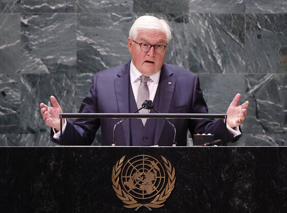 Bilder des Jahres 2021, News 09 September News Themen der Woche KW38 President of Germany Frank-Walter Steinmeier speaks at the UN General Assembly 76th session General Debate in UN General Assembly Hall at the United Nations Headquarters on Friday, September 24, 2021 in New York City.  NYP20210924109 JOHNxANGELILLO