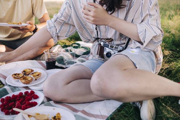 IMAGO Creative: Jahreszeit Frühling, Picknick Friends having food while sitting on picnic blanket model released Symbolfoto ASGF01400