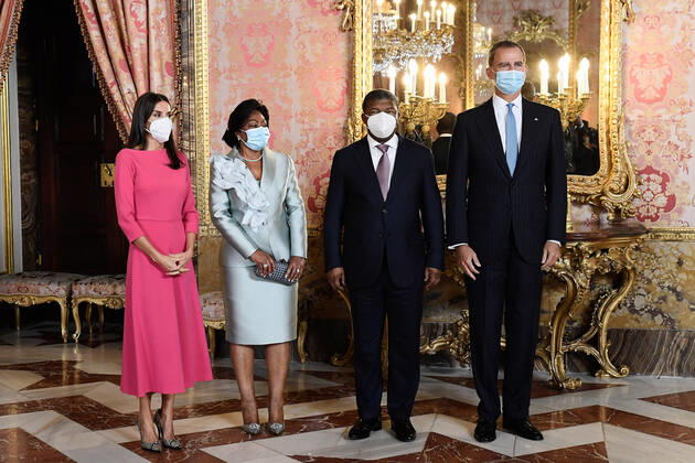 September 28, 2021, Madrid, Spain: King Felipe VI of Spain, Queen Letizia of Spain, Joao Manuel Goncalves Lourenco, Ana Afonso Dias Lourenco, attends a lunch with President of Angola at Royal Palace, in Madrid. Madrid Spain - ZUMAs197 20210928_zaa_s197_131 Copyright: xAtilanoxGarciax