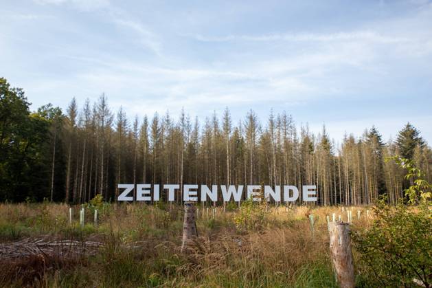 Bilder des Jahres 2021, News 10 Oktober News Themen der Woche KW42 News Bilder des Tages Bonn, Kunstprojekt wald.anders.denken im Kottenforst. 18.10.2021 Bonn, Kottenforst. Das Projekt wald.anders.denken soll den Besuchern neue Aspekte zum Wald, seiner nachhaltigen Bewirtschaftung und globalen Bedeutung für das Weltklima ermöglichen. Foto: Riesiger Schriftzug: Zeitenwende. In Hintergrund sind Tote Fichten zusehen. Bonn Bad Godesberg Nordrhein-Westfalen Deutschland