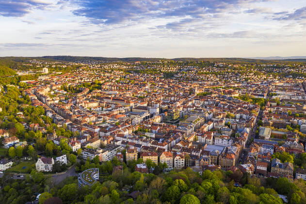 Germany, Baden-Wurttemberg, Stuttgart, Aerial view of Stuttgart-West district at dusk WDF06616