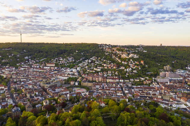 Germany, Baden-Wurttemberg, Stuttgart, Aerial view of Stuttgart-Sud district at dusk WDF06617