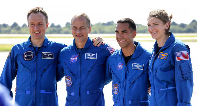 October 26, 2021, Kennedy Space Center, FL, USA: SpaceX Crew-3 mission astronauts, from left, Matthias Maurer, mission specialist; Tom Marshburn, pilot; Raja Chari, mission commander, and Kayla Barron, mission specialist, arrive at Kennedy Space Center, at Kennedy Space Center, Florida on Oct. 26, 2021. The crew was scheduled to liftoff aboard the SpaceX Crew Dragon spaceship Endurance early Sunday, but weather caused a delay until Wednesday. Kennedy Space Center USA - ZUMAm67_ 20211026_zaf_m67_064 Copyright: xJoexBurbankx