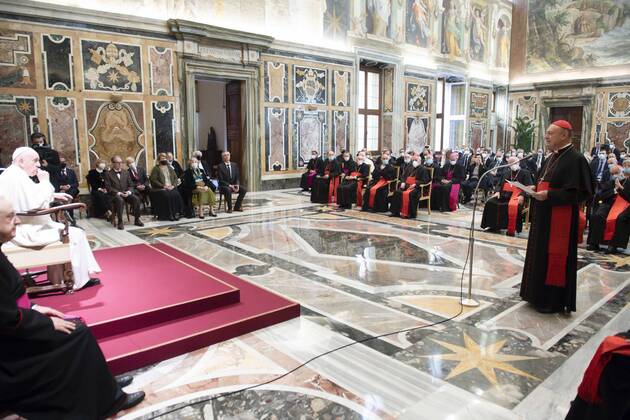 Italy, Rome, Vatican, 2021 11 13. Pope Francis during the awarding of the Ratzinger Prize at the Vatican. Photograph by Vatican Media Catholic Press Photo Hans Lucas. RESTRICTED TO EDITORIAL USE - NO MARKETING - NO ADVERTISING CAMPAIGNS.  Copyright: xVATICANxMEDIAx xIPAx xVaticanxMediax