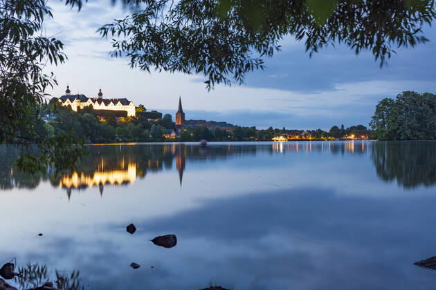 lake Großer Plöner See, Schloss Plön Castle, church Nikolaikirche Plön Schleswig-Holstein Germany Holsteinische Schweiz, Holstein