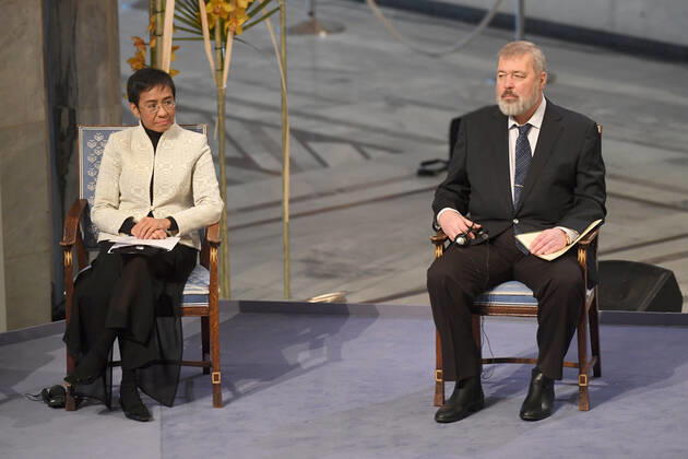 Philippine journalist Maria Ressa and Russian journalist Dmitry Muratov receive their Nobel Peace Prize for their courageous fight for freedom of expression in the face of authoritarian governments during the Nobel Peace Prize Award Ceremony 2021 at the Oslo City Town Hall in Norway. Both have been subject to threats for their reporting on human rights abuses and corruption carried out by the governments of Philippine President Rodrigo Duterte and Russian President Vladimir Putin respectively. DECEMBER 10th 2021  RHDx21651