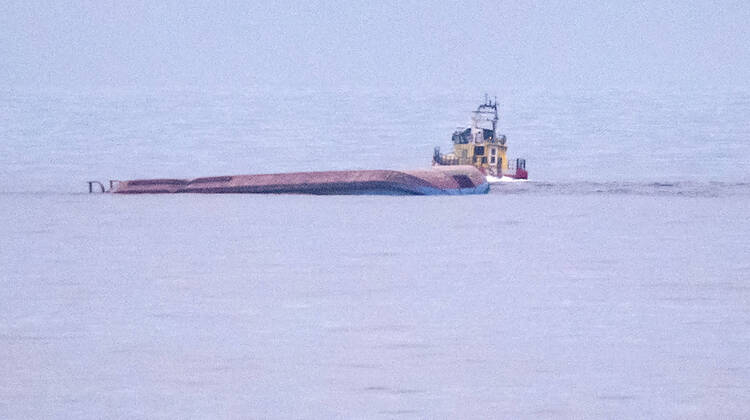 The Danish cargo ship Karin Hoej pictured on the Baltic Sea, between Ystad and Bornholm, after collideing with the British cargo ship Scot Carrier early Monday morning 13 December Karin Hoej has capsized and is floating upside down YSTAD SVERIGE x50090x,  Copyright: xJohanxNilsson TTx SWEDEN SHIP COLLISION