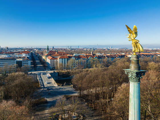 The Friedensengel overlooking Munich. Aerial view of the Friedensengel with the cityscape behind. Munich Germany