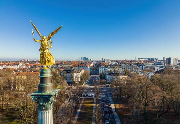 The Friedensengel overlooking Munich. Aerial view of the Friedensengel with the cityscape behind. Munich Germany