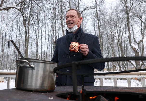 MOSCOW REGION, RUSSIA â€“ JANUARY 6, 2022: The French president s diplomatic advisor Emmanuel Bonne enjoys a hot drink in Arkhangelskoye museum estate before Normandy format talks with Deputy Chief of Staff of Russiaâ€™s Presidential Executive Office Dmitry Kozak and the German Chancellor s foreign and security policy adviser Jens Plotner. The talks will discuss Ukraine crisis de-escalation and strengthening strategic stability in Europe. Sergei Bobylev TASS  TS11E23B