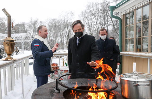 MOSCOW REGION, RUSSIA â€“ JANUARY 6, 2022: The German Chancellor s foreign and security policy adviser Jens Plotner (C front) and the French president s diplomatic advisor Emmanuel Bonne (R) are seen in Arkhangelskoye museum estate before Normandy format talks with Deputy Chief of Staff of Russiaâ€™s Presidential Executive Office Dmitry Kozak (not pictured). The talks will discuss Ukraine crisis de-escalation and strengthening strategic stability in Europe. Sergei Bobylev TASS  TS11E243